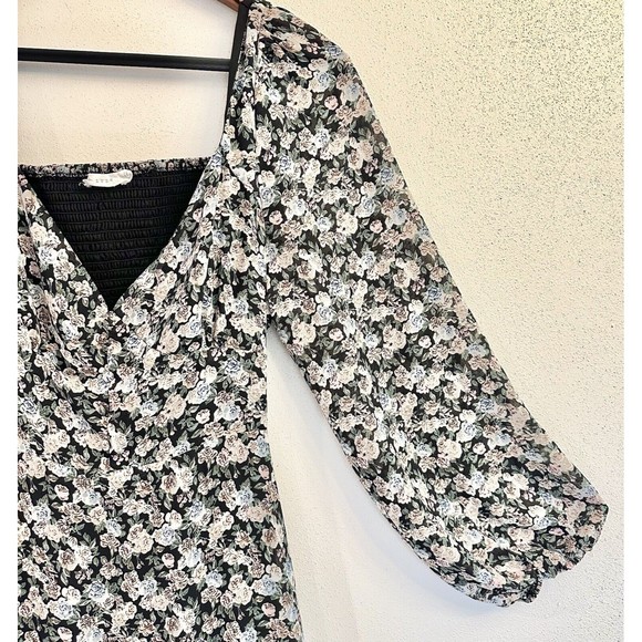 Lush Womens MIDI Dress W/ Puff Sleeve In Black Multi Floral- Size Large - Picture 3 of 14